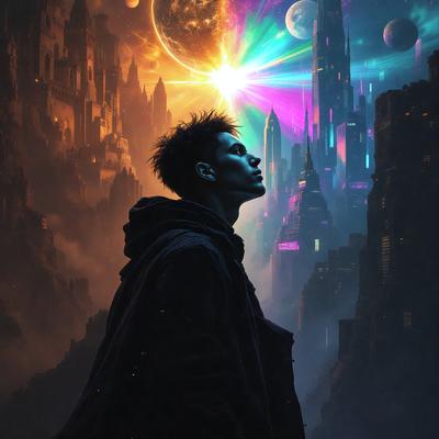 The primary subject of the image is a man with spiky hair, wearing a black hoodie and standing in front of a futuristic cityscape. The setting includes a city with skyscrapers, a moon, and a sun in the background. The visual style of the image is a digital art or illustration, creating a vibrant and colorful atmosphere. The dominant colors in the image are black, white, and various shades of blue, purple, and pink, which contribute to the